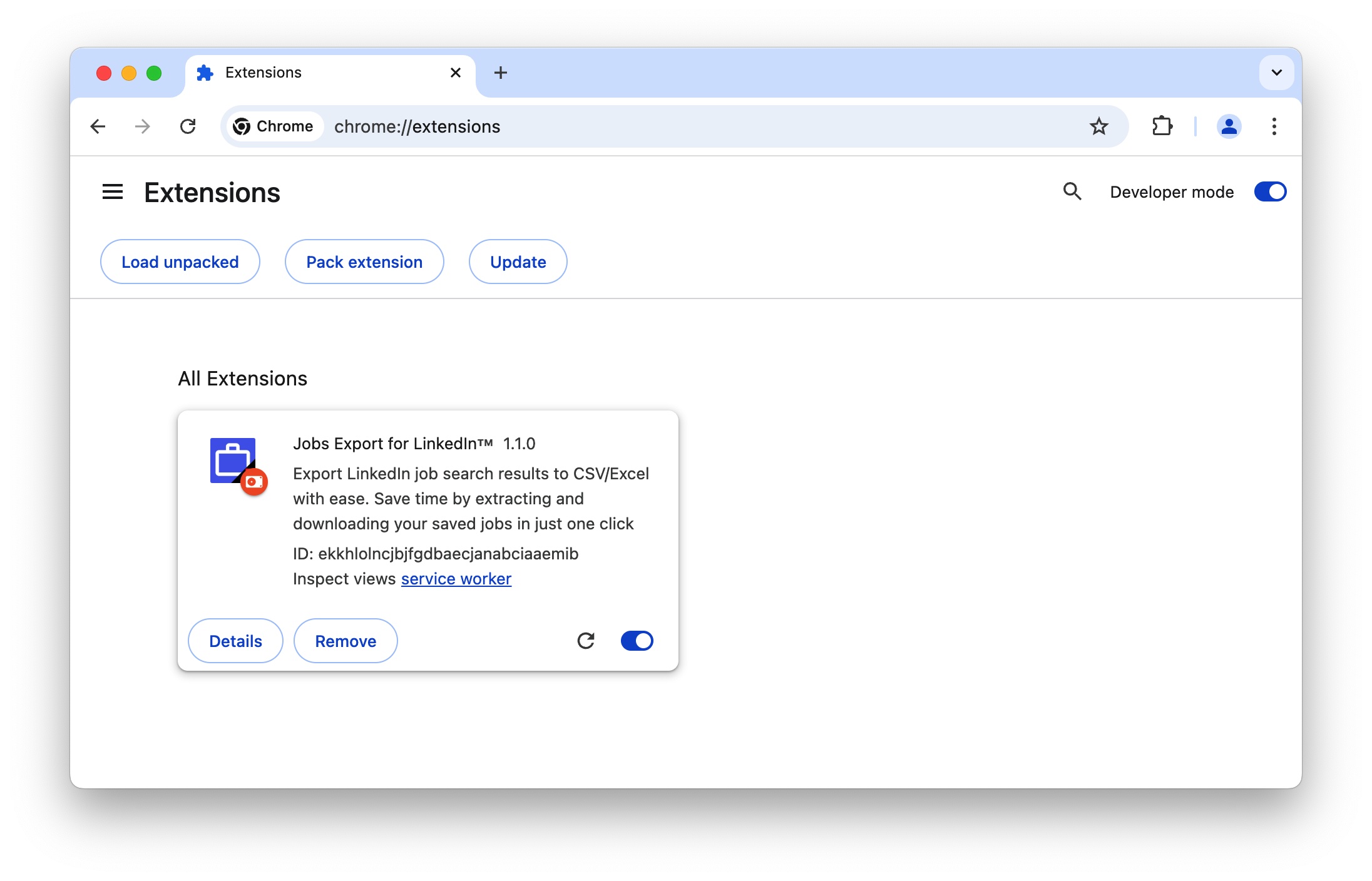 LinkedIn Jobs Exporter chrome extension install done