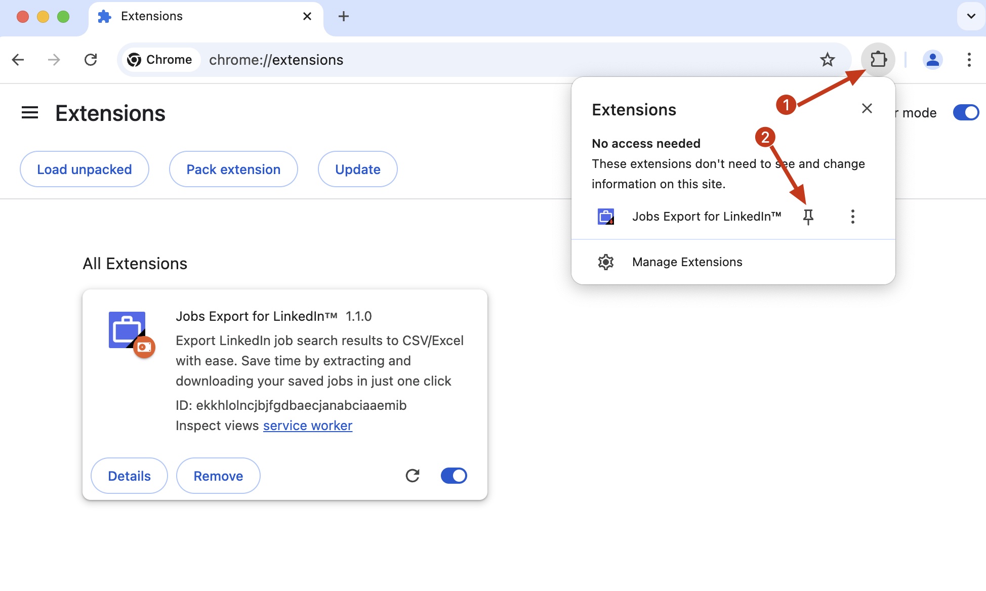 LinkedIn Jobs Exporter chrome extension install pin